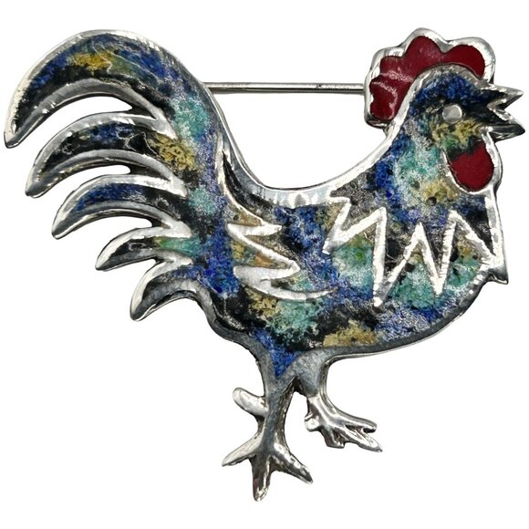 Vintage 925 Sterling Silver Rooster Multicolor Enamel Brooch Pin Mexico - Picture 1 of 5